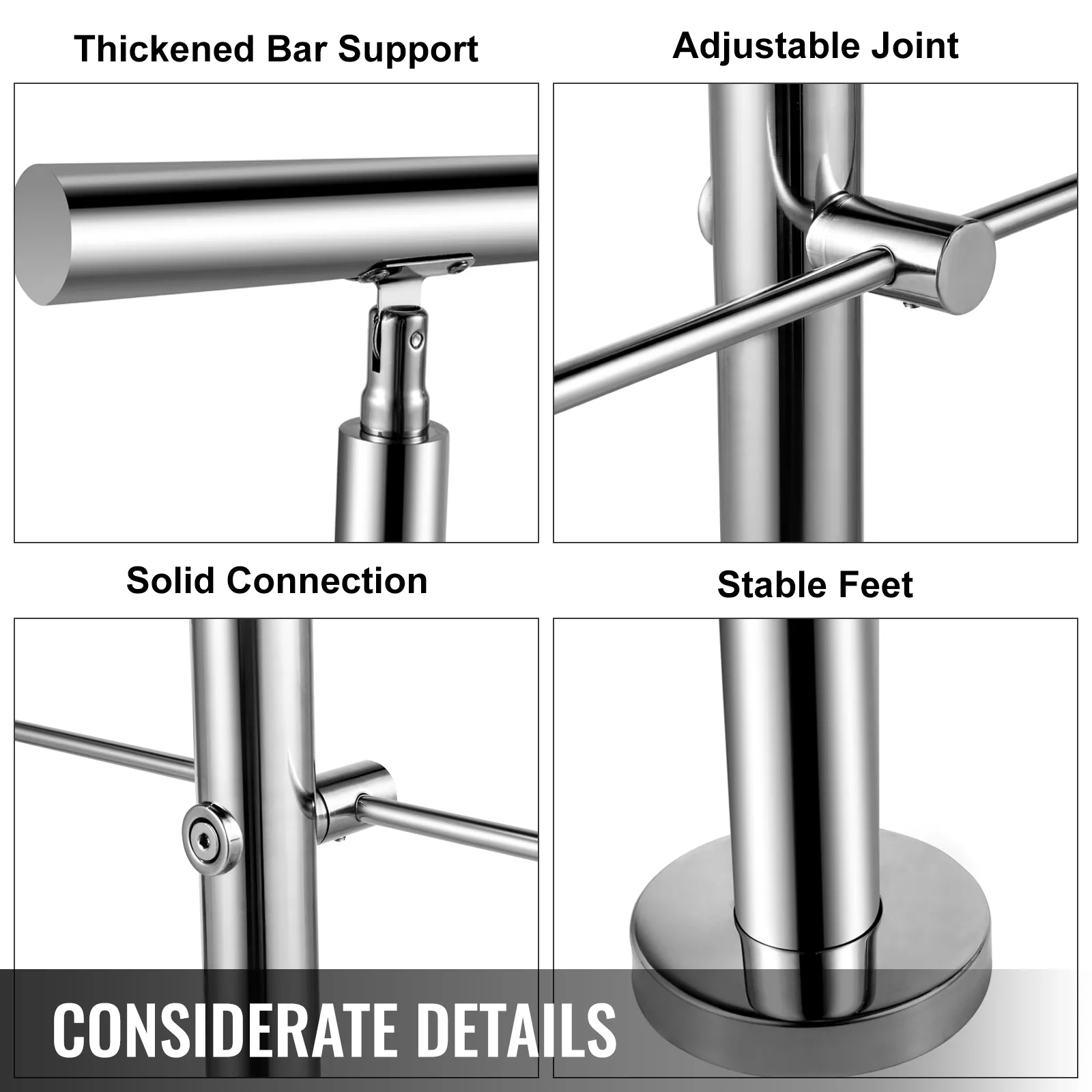 VEVOR stainless stair handrail with thickened bar support, adjustable joint, and stable feet.
