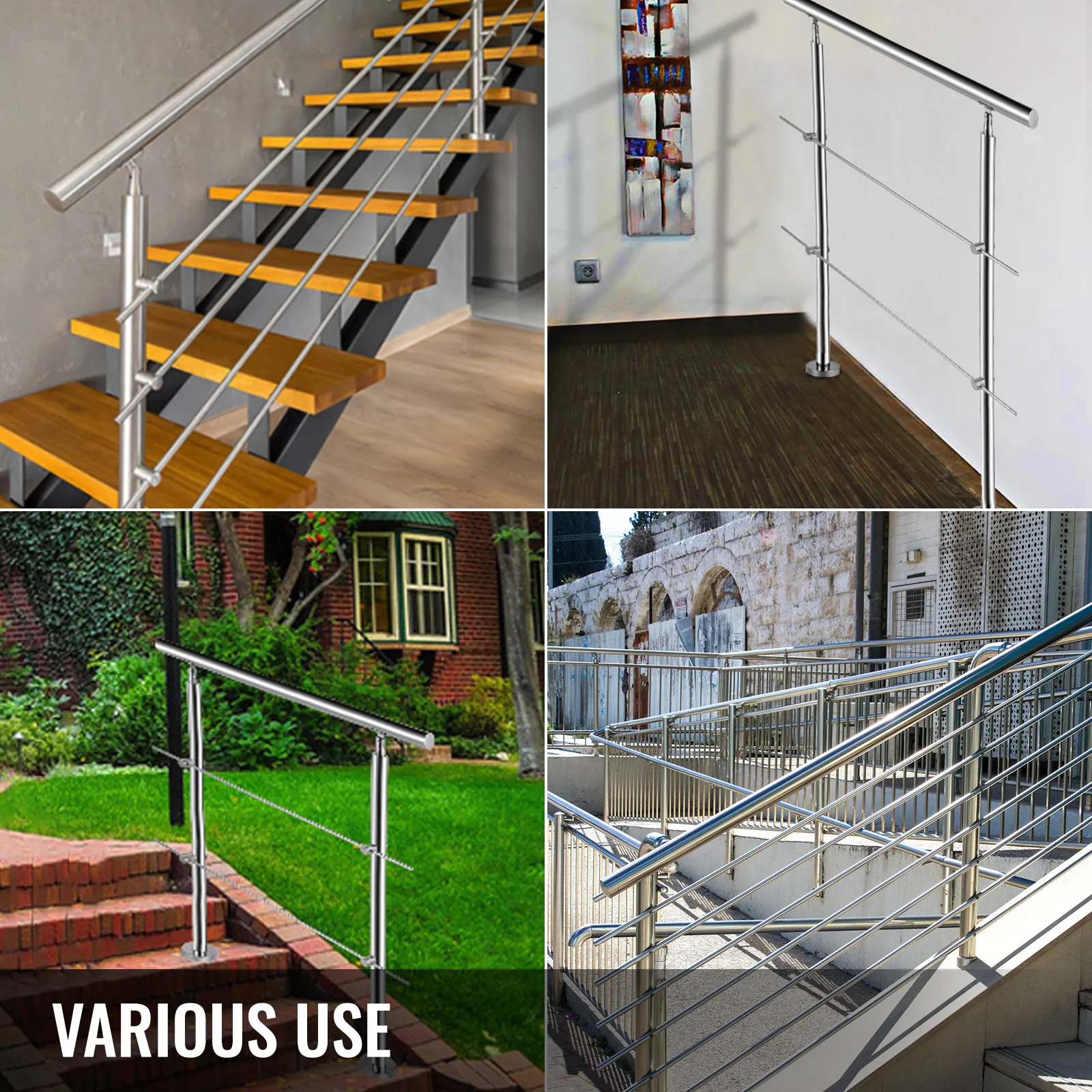 VEVOR stainless stair handrail used in residential and commercial settings.
