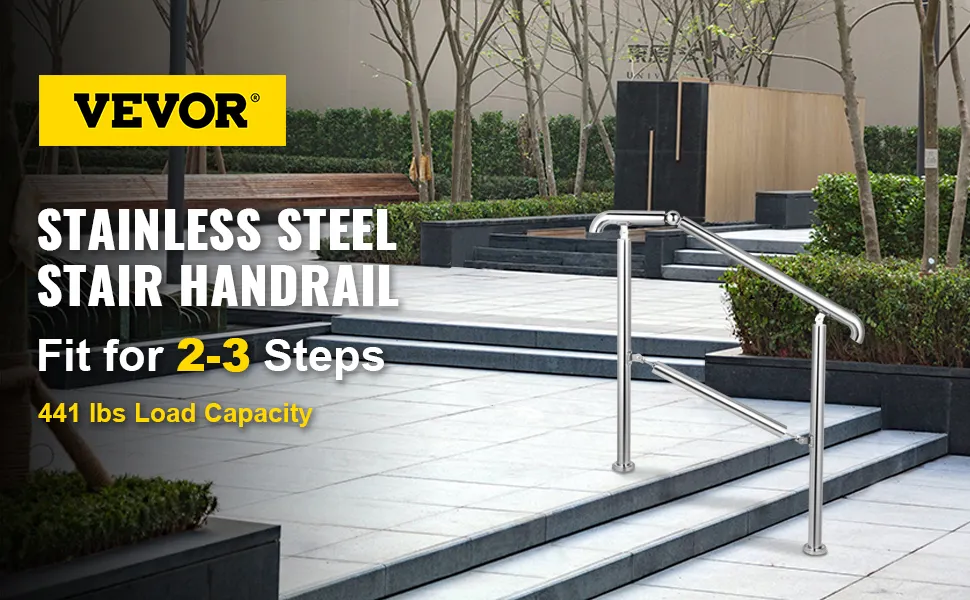 VEVOR stainless steel handrail for 2-3 steps, with 441 lbs load capacity in a modern garden.