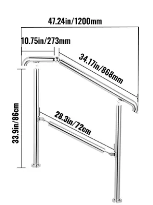 VEVOR stainless steel handrail with dimensions: 86cm height, 79cm length, 72cm support beam.