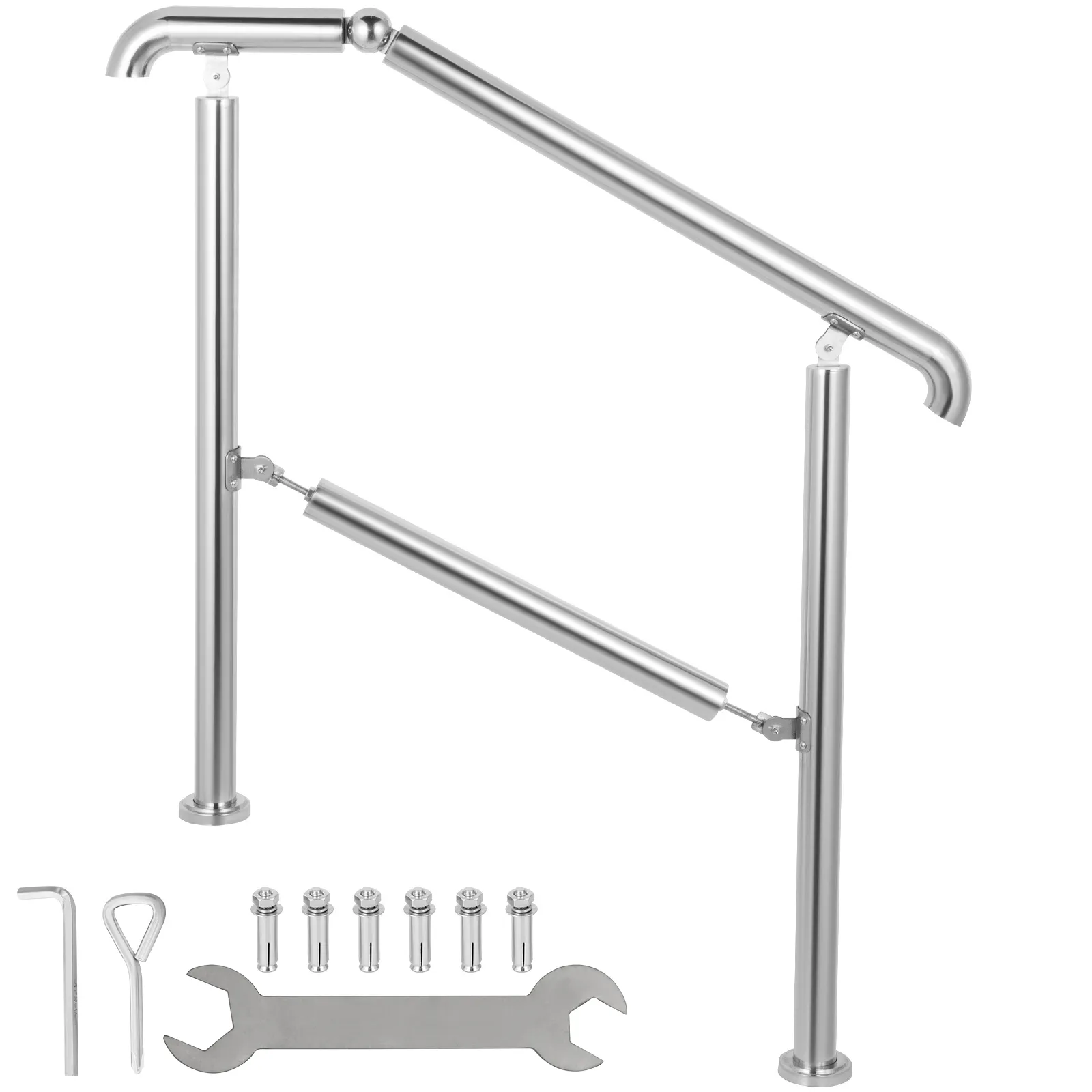 VEVOR stainless steel handrail with mounting accessories and tools.