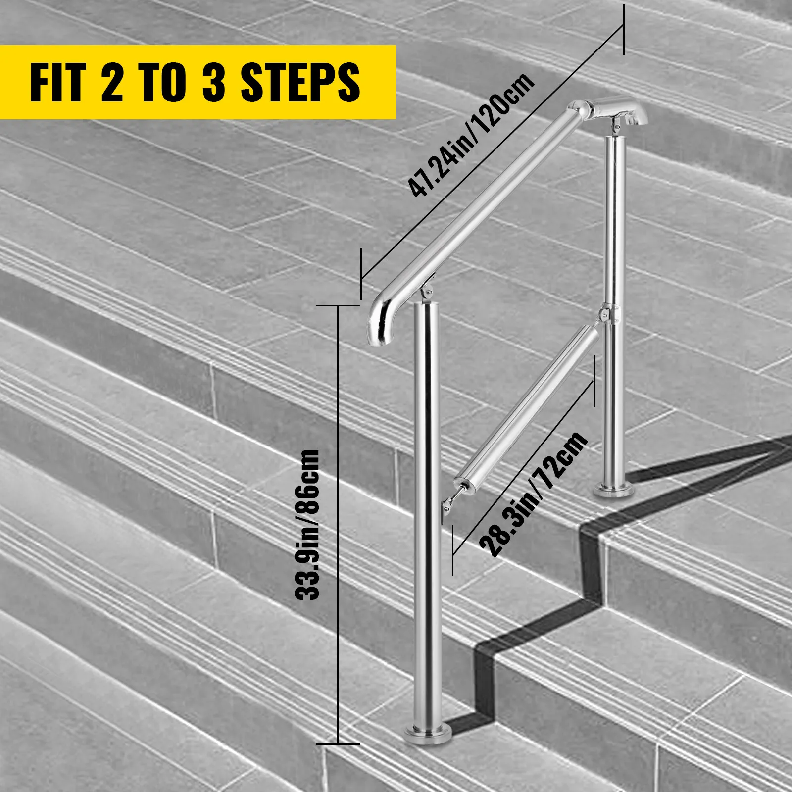 VEVOR stainless steel handrail fitting 2 to 3 steps with dimensions shown