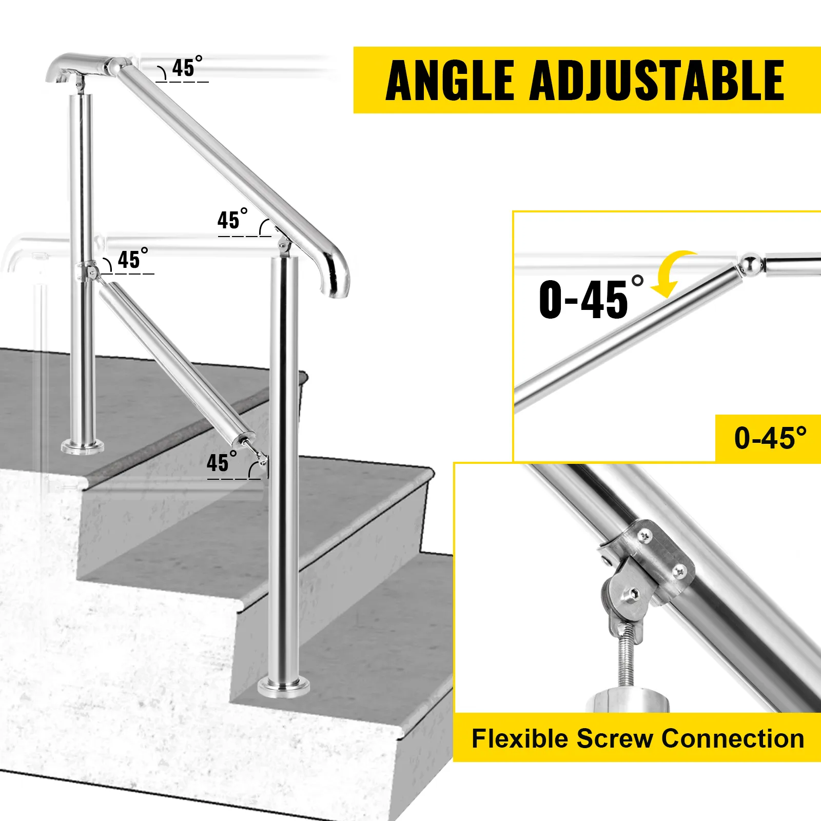VEVOR stainless steel handrail on stairs with adjustable angle from 0-45 degrees.