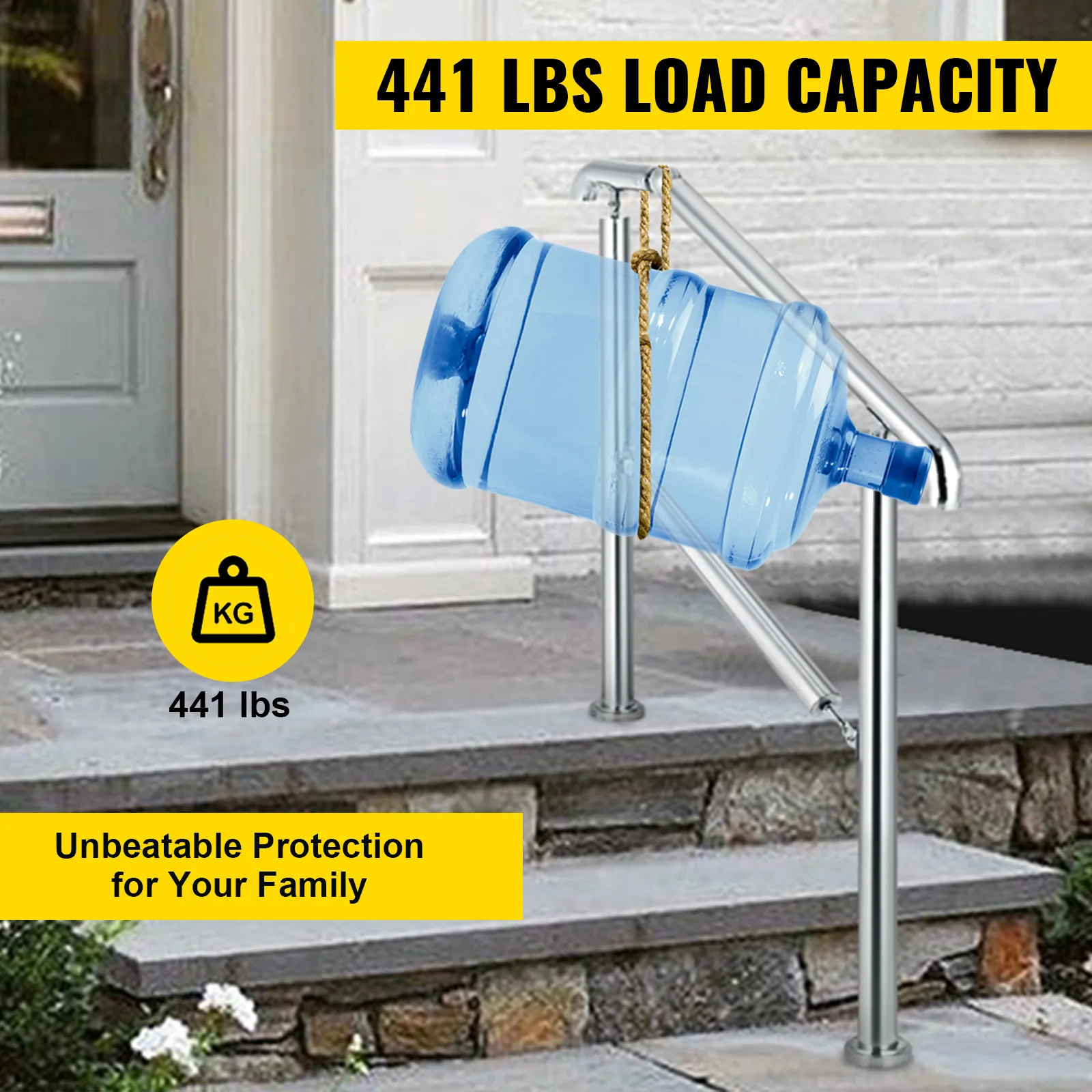 VEVOR stainless steel handrail with 441 lbs load capacity for family safety.