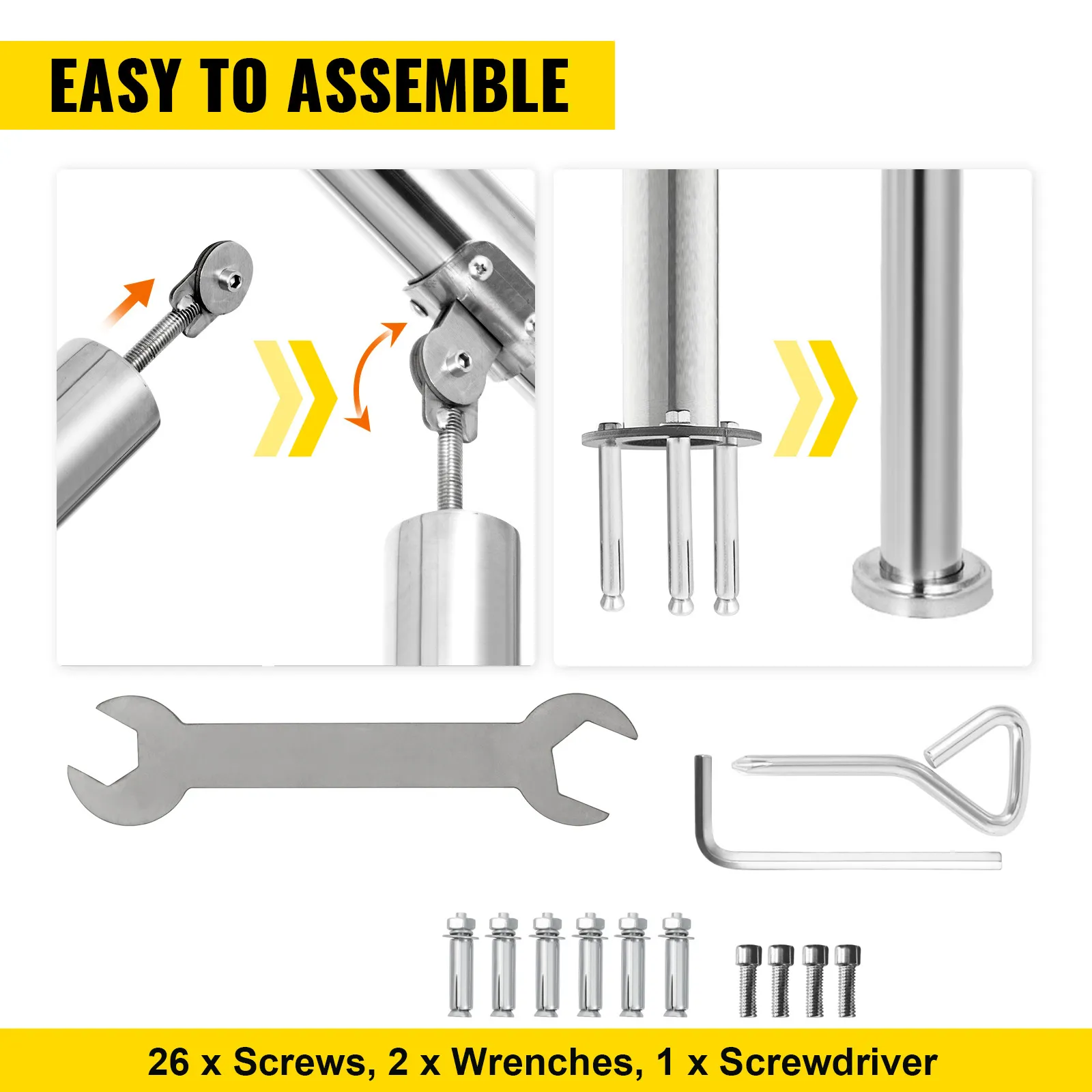 VEVOR stainless steel handrail assembly kit with screws, wrenches, and screwdriver.