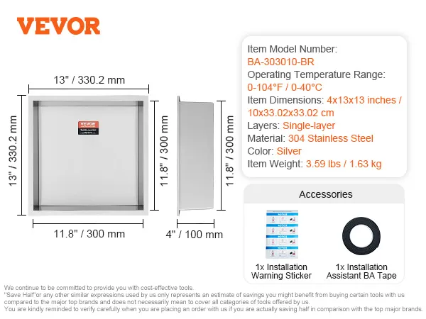 VEVOR shower niche measuring 13x13 inches, with 304 stainless steel, single-layer, includes tape and sticker.