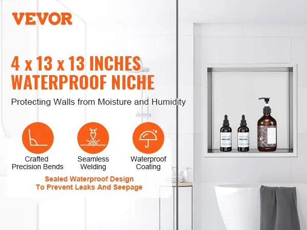 VEVOR shower niche, 4x13x13 in, waterproof design with seamless welding and precision bends in a modern bathroom.