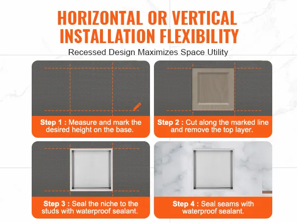 VEVOR shower niche with vertical and horizontal installation options, showcasing step-by-step guide.