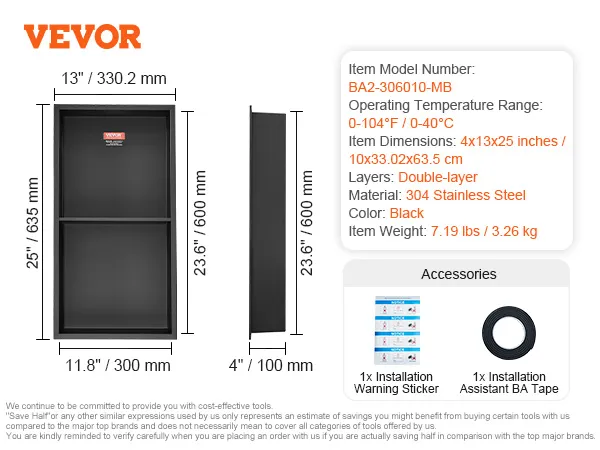 VEVOR shower niche, 13"x25", double-layer, 304 stainless steel, black, model ba2-306010-mb. accessories included.