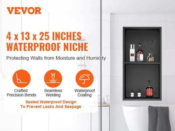 VEVOR shower niche 4 x 13 x 25 inches, waterproof with crafted precision bends, seamless welding.