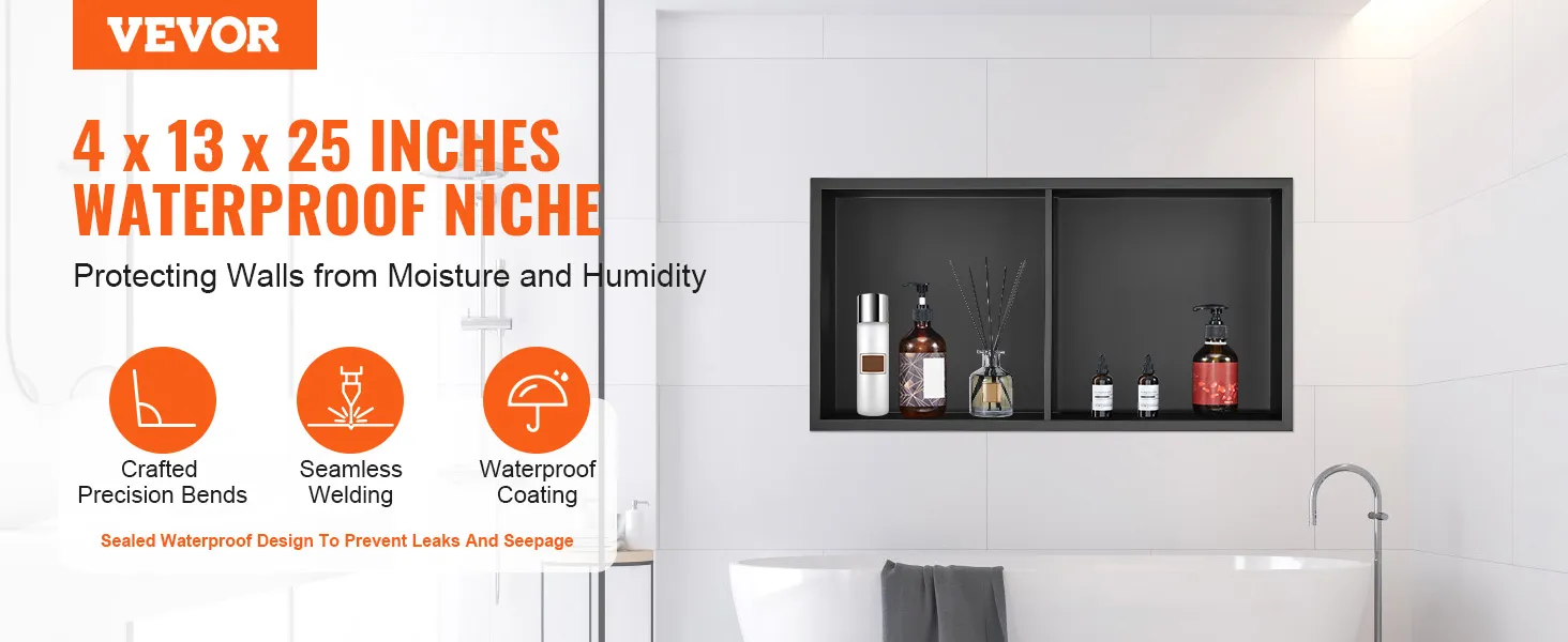 VEVOR shower niche 4 x 13 x 25 inches, waterproof with crafted precision bends, seamless welding.