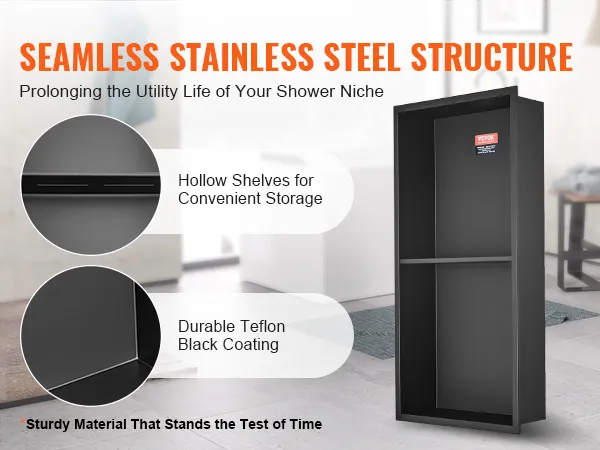 VEVOR shower niche, seamless stainless steel, hollow shelves, black teflon coating, durable.