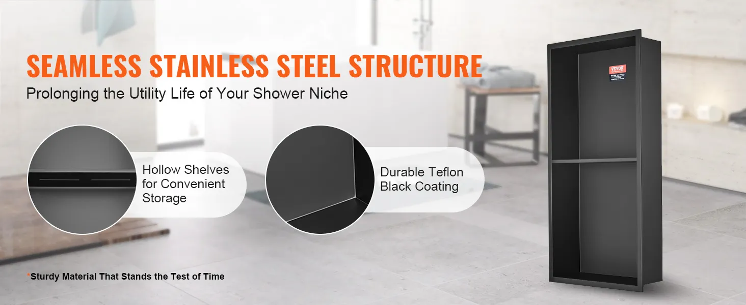 VEVOR shower niche, seamless stainless steel, hollow shelves, black teflon coating, durable.