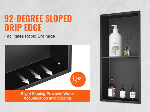 VEVOR shower niche with 92-degree sloped drip edge for rapid drainage, showcasing soap and bottles.