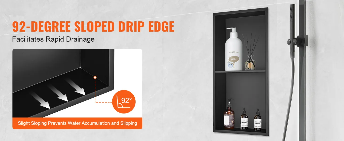 VEVOR shower niche with 92-degree sloped drip edge for rapid drainage, showcasing soap and bottles.