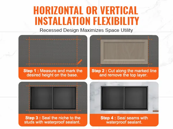 VEVOR shower niche: four-step installation guide with horizontal and vertical layout options.