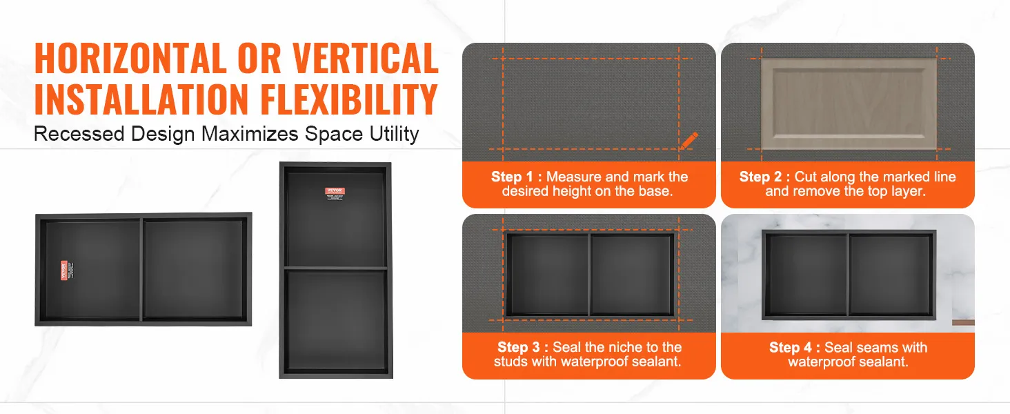 VEVOR shower niche: four-step installation guide with horizontal and vertical layout options.