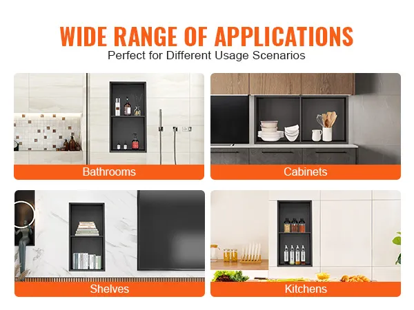 wide range of applications for VEVOR shower niche in bathrooms, cabinets, shelves, and kitchens.