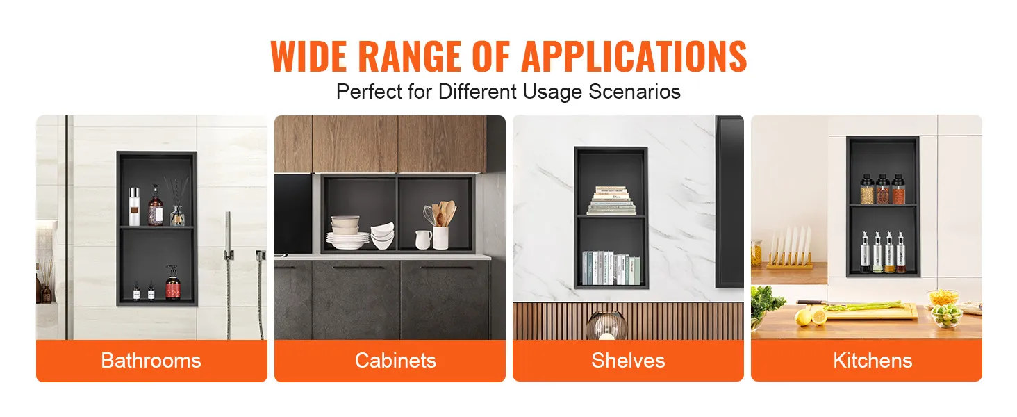 wide range of applications for VEVOR shower niche in bathrooms, cabinets, shelves, and kitchens.