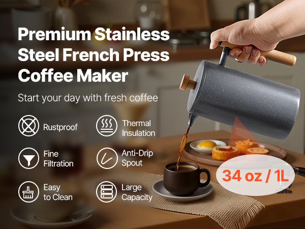 Cafetière à Piston 1 L En Acier Inoxydable Double Paroi – Idéale Pour Café, Thé, Infusion Froide, Maison Ou Extérieur - 9