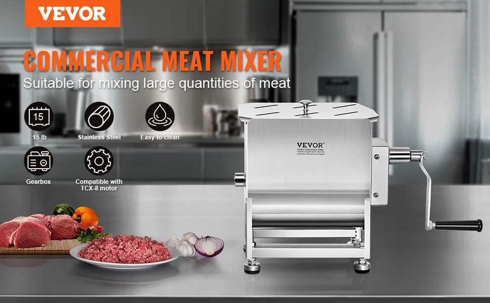 VEVOR meat mixer for commercial use; stainless steel, 15 lb capacity, easy to clean.