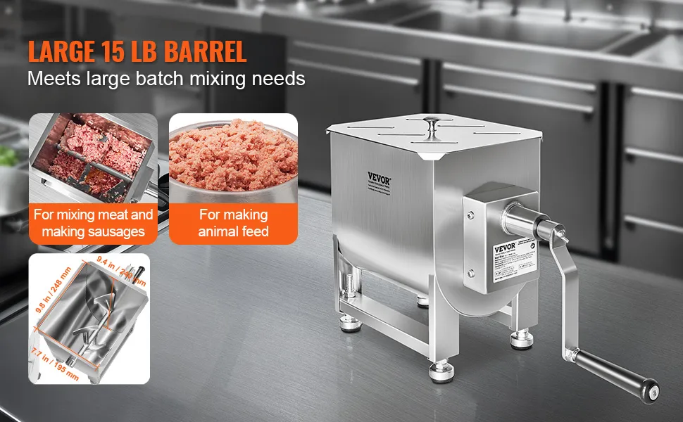 VEVOR meat mixer with large 15 lb barrel, perfect for mixing meat and making sausages or animal feed.
