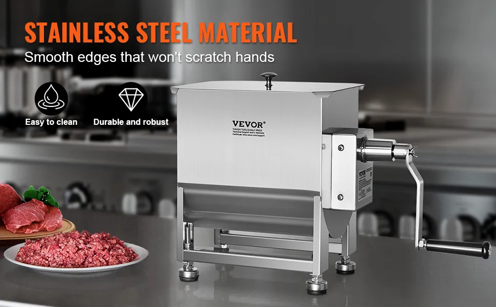 VEVOR meat mixer in stainless steel on a kitchen counter with ground meat and steak. durable and easy to clean.