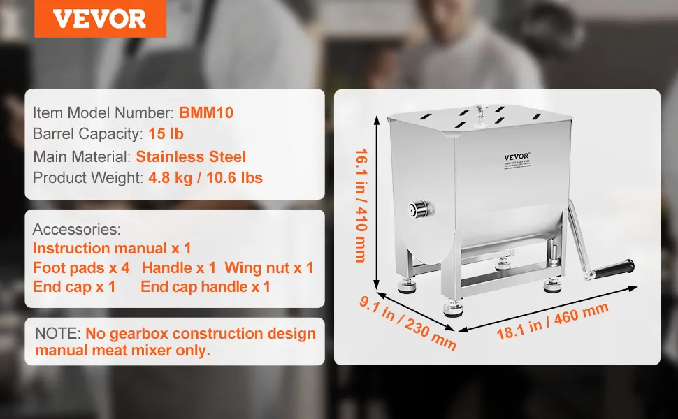 VEVOR manual meat mixer bmm10, 15 lb stainless steel barrel, 4.8 kg, includes handle, foot pads.