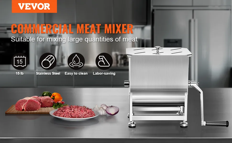 VEVOR manual meat mixer in a kitchen setting, showcasing stainless steel construction and ease of use.