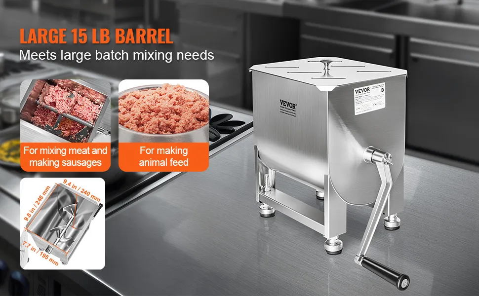 VEVOR manual meat mixer with large 15 lb barrel for mixing meat, sausages, and animal feed in kitchen.