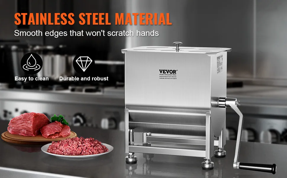 VEVOR manual meat mixer on a kitchen counter with ground meat and stainless steel material. easy to clean.