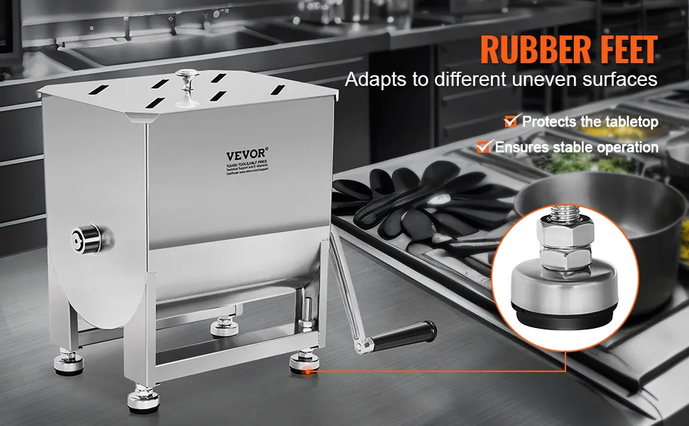 VEVOR manual meat mixer with rubber feet for stability on uneven surfaces in a stainless steel kitchen.