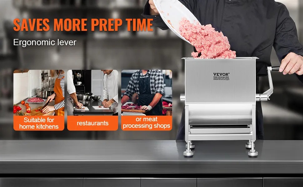 VEVOR manual meat mixer in a commercial kitchen showing three suitability options for kitchens, restaurants, and meat processing shops.