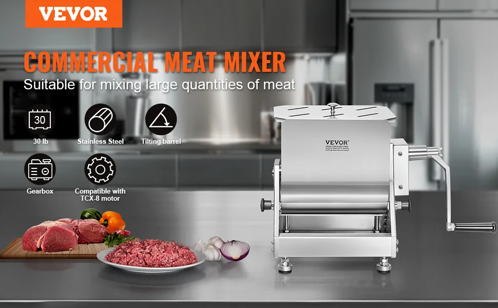 VEVOR-Fleischmixer mit Edelstahlgehäuse, kippbarem Zylinder und 30 lb Fassungsvermögen, gezeigt in einer Küchenumgebung.