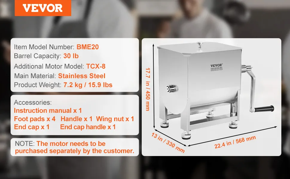 VEVOR meat mixer bme20, 30 lb stainless steel, 7.2 kg, includes accessories, motor sold separately.