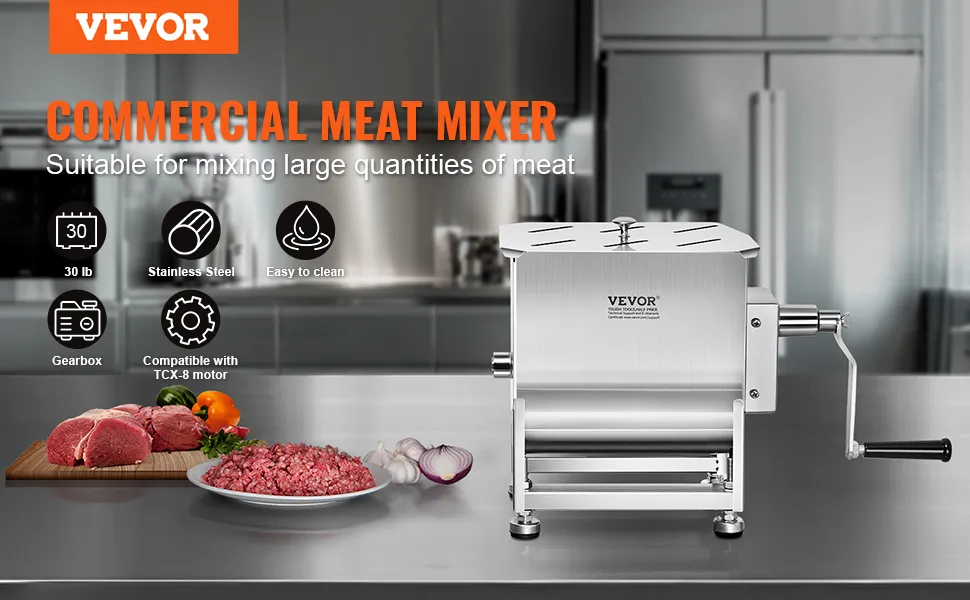 VEVOR meat mixer in a stainless steel kitchen, featuring fresh meat, vegetables, and easy-to-clean design.