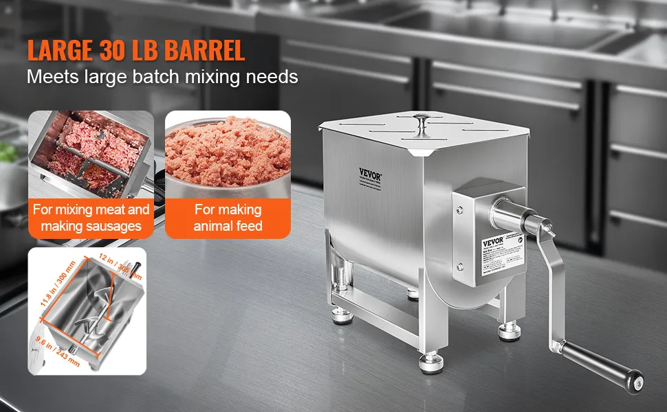 VEVOR meat mixer with large 30 lb barrel for mixing meat, sausages, and animal feed in a commercial kitchen.
