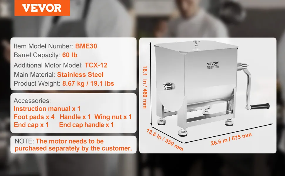 VEVOR manual meat mixer with 60 lb capacity, stainless steel, and accessories details.