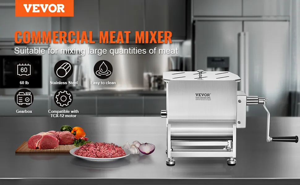 VEVOR manual meat mixer in stainless steel, suitable for mixing large quantities of meat, 60 lb capacity.