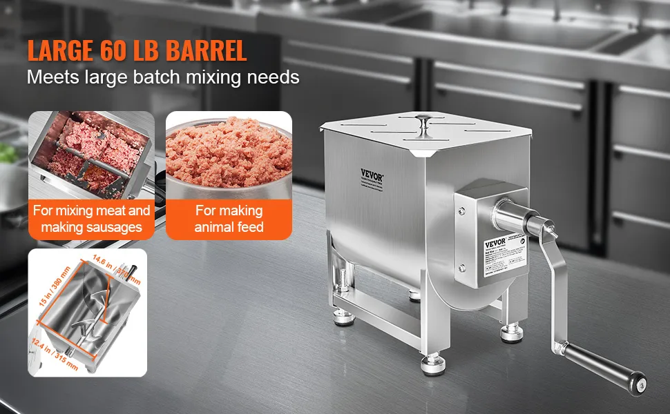 VEVOR manual meat mixer with 60 lb capacity for meat and sausage mixing in a commercial kitchen.