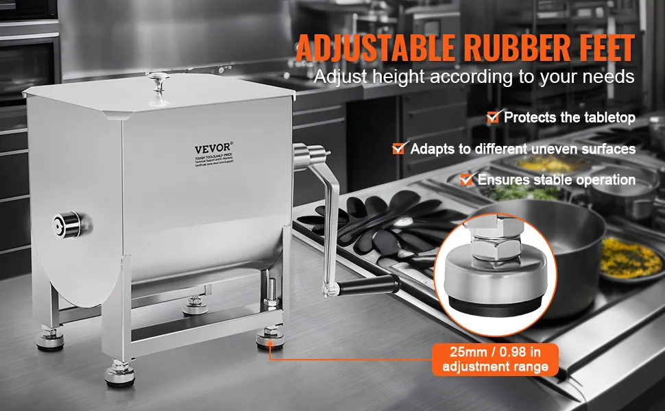 VEVOR meat mixer on stainless steel counter with adjustable rubber feet for height adaptation.