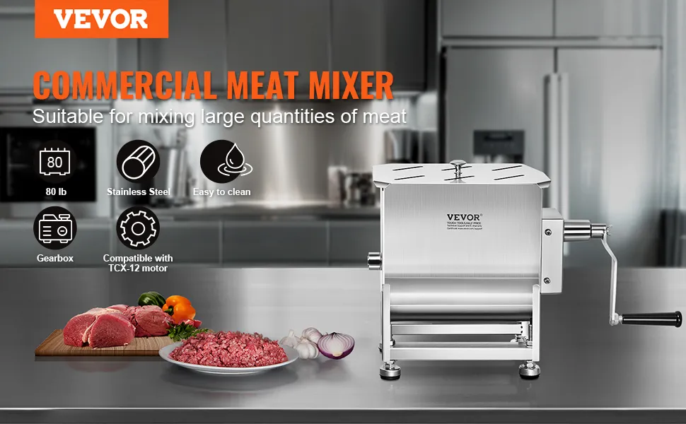 VEVOR meat mixer in stainless steel, suitable for mixing 80 lb of meat, with easy-to-clean features.