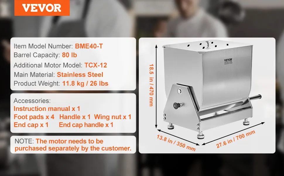 VEVOR meat mixer with 80 lb capacity, stainless steel, bme40-t model. includes handle, foot pads, and end caps.