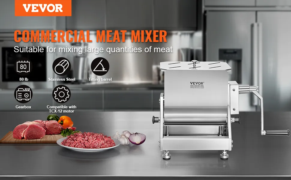 VEVOR meat mixer with stainless steel body alongside raw meat, vegetables, and kitchen in the background.