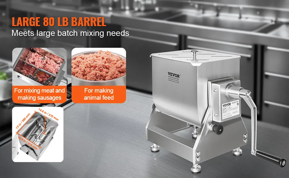 VEVOR meat mixer with large 80 lb barrel for making sausages and animal feed in a professional kitchen.