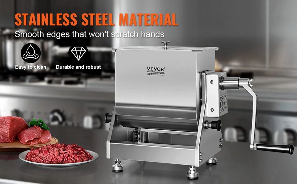 VEVOR meat mixer in a stainless steel kitchen, with fresh meat nearby, highlighting durability and easy cleaning.