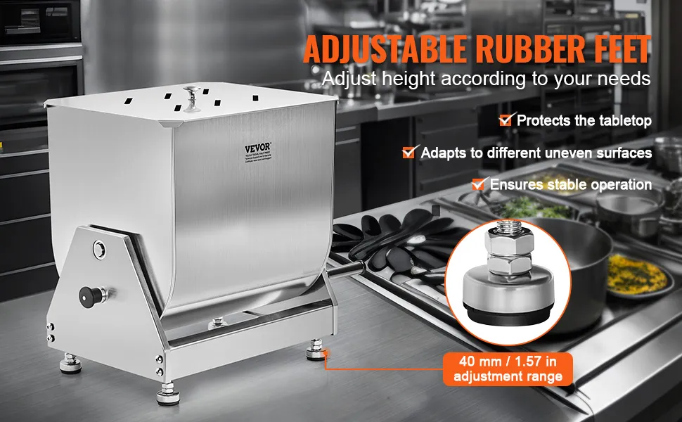 VEVOR meat mixer with adjustable rubber feet for stable operation and protection on a kitchen countertop.