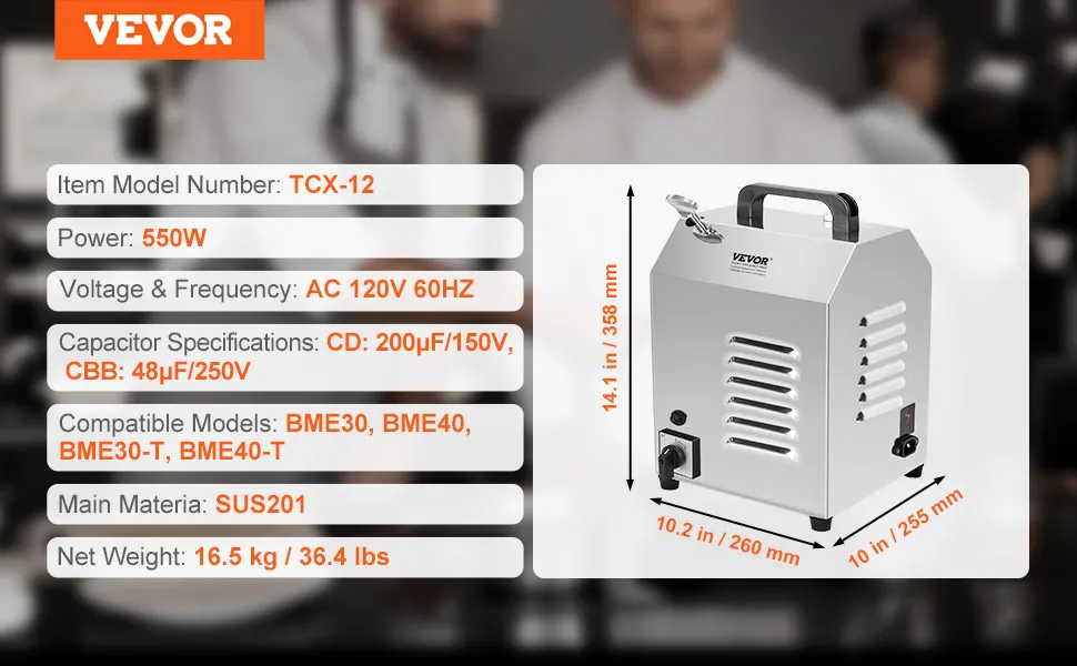 VEVOR meat mixer tcx-12: 550w power, ac 120v 60hz, sus201 material, compatible with bme30, bme40 models.