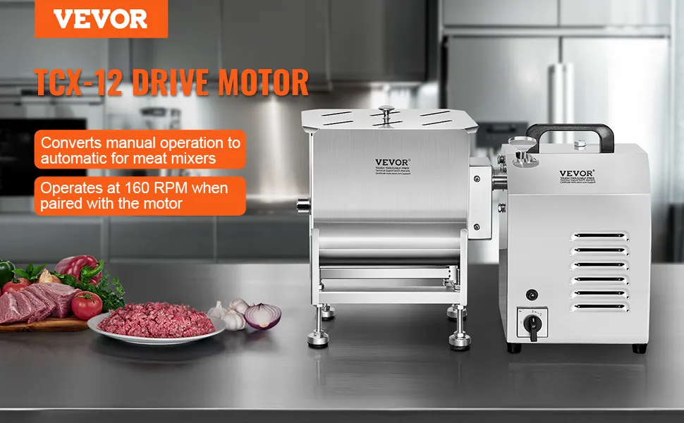 VEVOR meat mixer with tcx-12 drive motor for automatic meat processing, featuring stainless steel design.