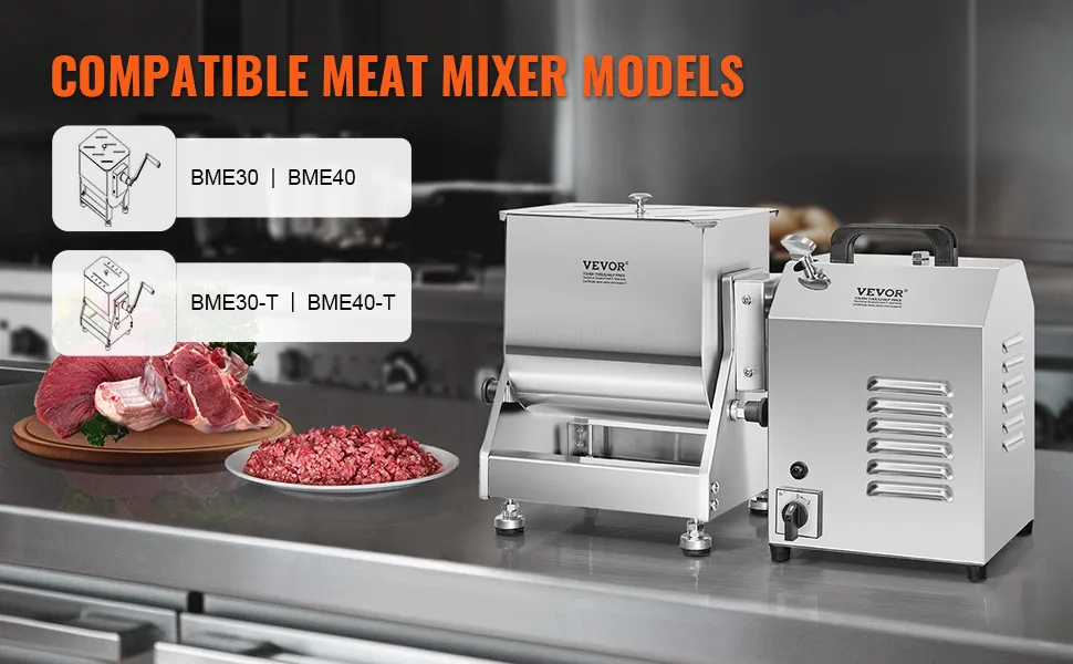 VEVOR meat mixer with compatible models bme30, bme40, bme30-t, bme40-t beside raw and ground meat.